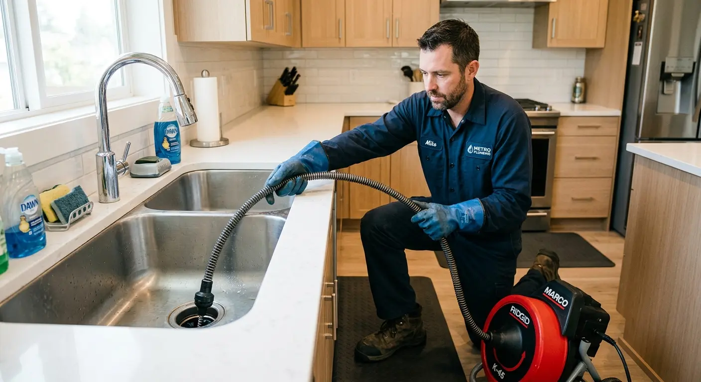 Drain cleaning technician using a motorized snake on a kitchen sink in Davis