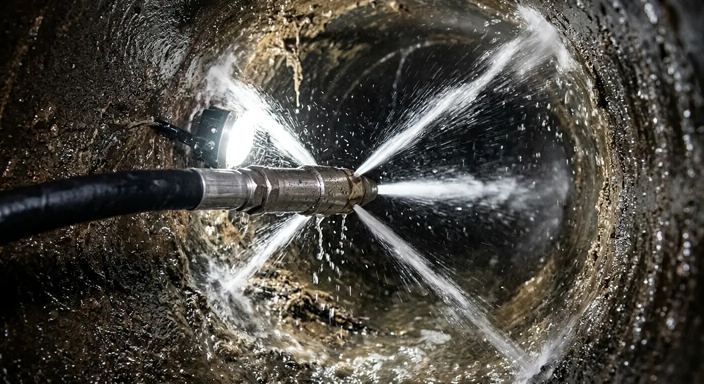 High-pressure hydro jetting nozzle cleaning sewer pipe for Sewer Cleanout in Davis