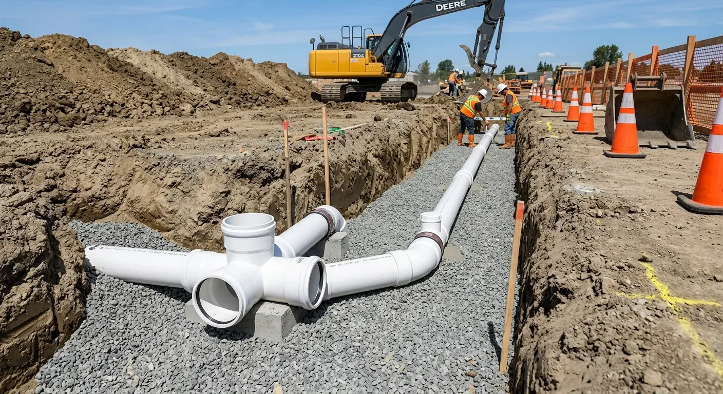 New PVC sewer pipe installation in open trench for Sewer Backup in Davis