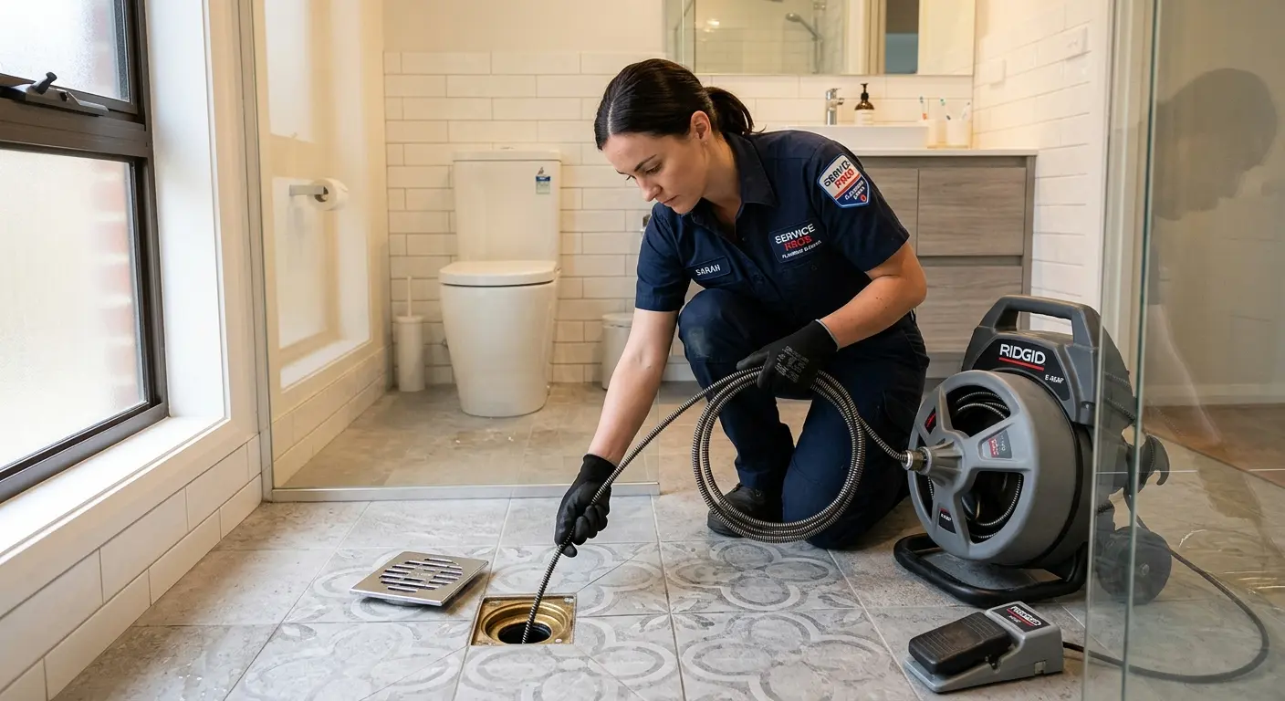 Technician clearing a bathroom floor drain for Hydro Jetting in Davis